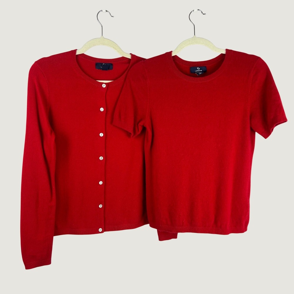 Lands' End Red 100% Cashmere Twin Set Cardigan & Short Sleeve Sweater XS 2-4